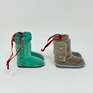 Shearling Boots Christmas Ornaments Set of Two Miniature Green Grey Red